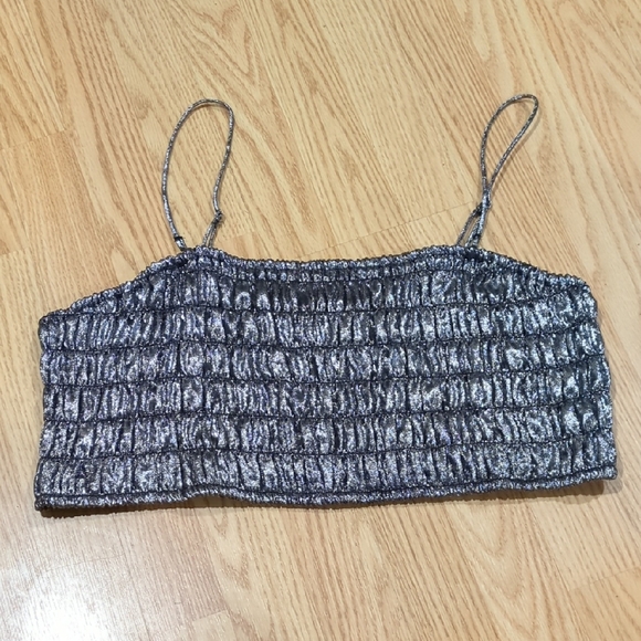 silver metallic strappy smocked top. 2XL - Picture 2 of 8
